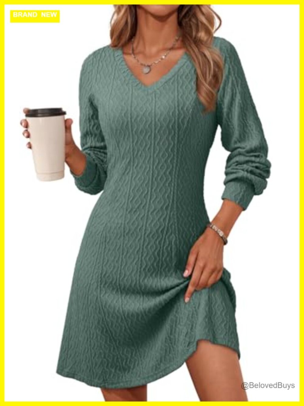 Dokotoo Long Sleeve V Neck A Line Knit Mini Sweater Dress